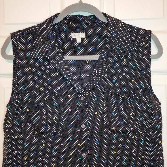 Talbots Black Button Down Sleeveless Blouse w/ tiny polka dots Sz LP - Picture 2 of 7